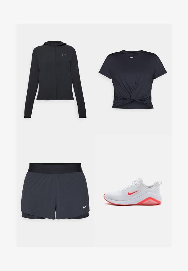 Mustassa hupparissa on pitkät hihat, ja se on valmistettu kevyestä materiaalista. Siinä on edessä vetoketju, Nike-logo ja hillityt muotoiluyksityiskohdat.; Musta urheilu T-paita, joka on valmistettu sileästä kankaasta, jossa on solmittu etuosa ja pieni valkoinen Nike-logo rinnassa.; Mustat urheilushortsit, joissa on joustava vyötärö. Shortseissa on kerroksellinen muotoilu ja pieni valkoinen Nike-logo vasemmassa alareunassa. Kevyt materiaali.; Valkeat urheilusandaalit, joissa on verkkomateriaali, punaiset korostukset swooshissa ja pohjassa sekä pehmustettu kanta. Varustettu pintakuvioidulla ulkopohjalla pidon parantamiseksi.