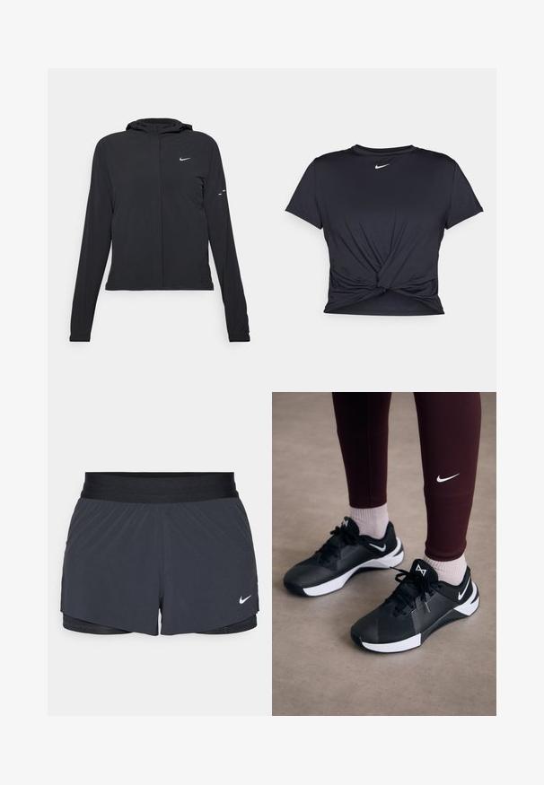 Svart huva jacka med långa ärmar, gjord av lätt material. Har en framdragare, en Nike-logotyp och subtila designelement.; Svart atletisk t-shirt i mjukt tyg, med en knuten framdesign och en liten vit Nike-logga på bröstet.; Svarta idrottsshorts med elastisk midja, med en lagerdesign och en liten vit Nike-logga på nedre vänstra sidan. Lättviktig material.; Svarta sportskor med en texturerad ovandel och vita detaljer, med snören och en sidologotyp. Helt klart i kombination med vinröda leggings och ljusa strumpor.