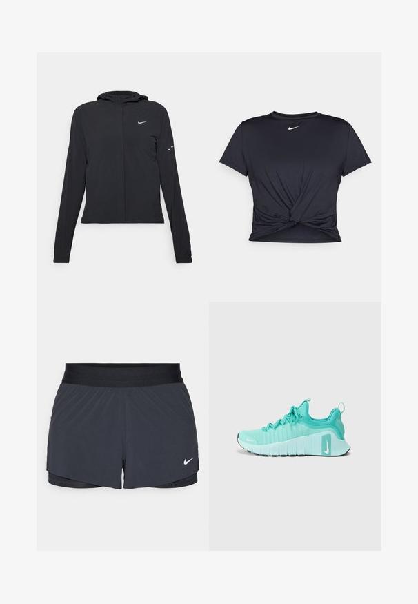 Czarna kurtka z kapturem, z długimi rękawami, wykonana z lekkiego materiału. Posiada zamek błyskawiczny z przodu, logo Nike oraz subtelne akcenty wzornicze.; Czarna sportowa koszulka z gładkiego materiału, z wiązanym przodem i małym białym logo Nike na piersi.; Czarne szorty sportowe z elastycznym pasem, o warstwowej konstrukcji i małym białym logo Nike na dolnym lewym boku. Wykonane z lekkiego materiału.; Turkusowe buty do biegania Nike z białymi podeszwami, noszone z białymi skarpetkami Nike, trzymające czarną piłkę do ćwiczeń na szarym podłodze.