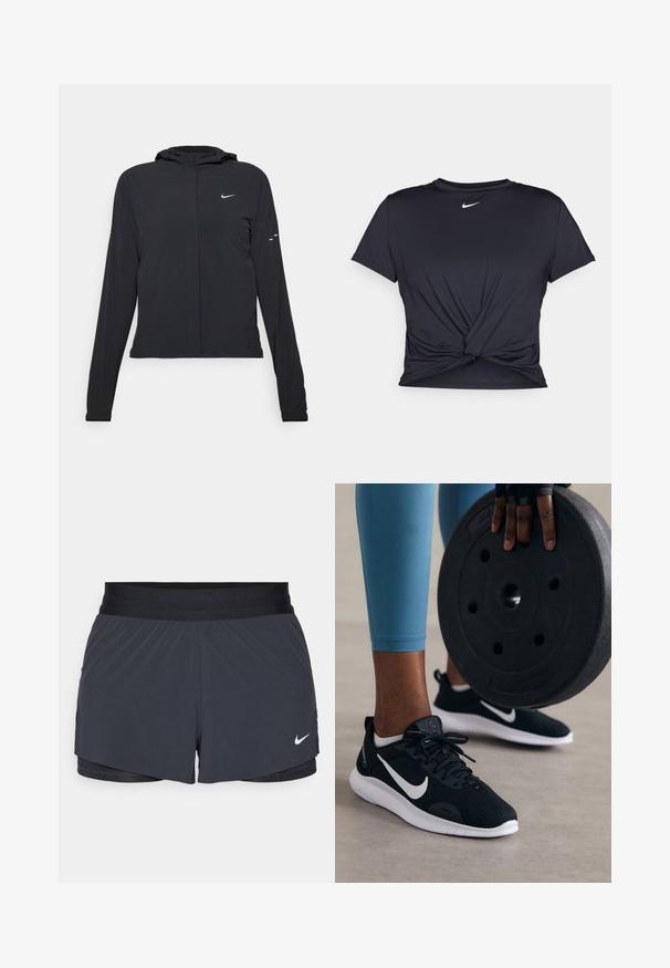 Casaco preto com capuz e mangas longas, feito de material leve. Apresenta um fecho dourado na frente, um logótipo da Nike e detalhes de design subtis.; T-shirt atlético preto feito de tecido liso, apresentando um design frontal com nó e um pequeno logótipo branco da Nike no peito.; Calças curtas de atletismo pretas com um cós elástico, apresentando um design em camadas e um pequeno logótipo da Nike em branco no canto inferior esquerdo. Material leve.; Tênis de desporto pretos com parte superior em malha, detalhes brancos e sola grossa branca. Uma placa de peso preta é segurada em primeiro plano.