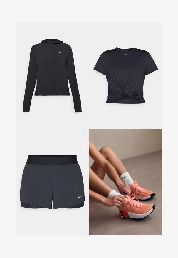 Juodas gobtuvas striukė su ilgomis rankovėmis, pagaminta iš lengvo audinio. Pasižymi priekiniais užtrauktukais, Nike logotipu ir subtiliais dizaino akcentais.; Juodas sportinis marškinėlis, pagamintas iš lygios medžiagos, su surišta priekiu ir mažu baltu Nike logotipu ant krūtinės.; Juodos sportinės šortai su elastine talija, turintys sluoksniuotą dizainą ir mažą baltą Nike logotipą kairiajame apačioje. Lengvas audinys.; Lengvi rožiniai sportiniai bateliai su tekstūruota medžiaga, ryškiais raišteliais ir guminiu padu. Papuošti kontrastinga juoda ir balta logotipo detale.