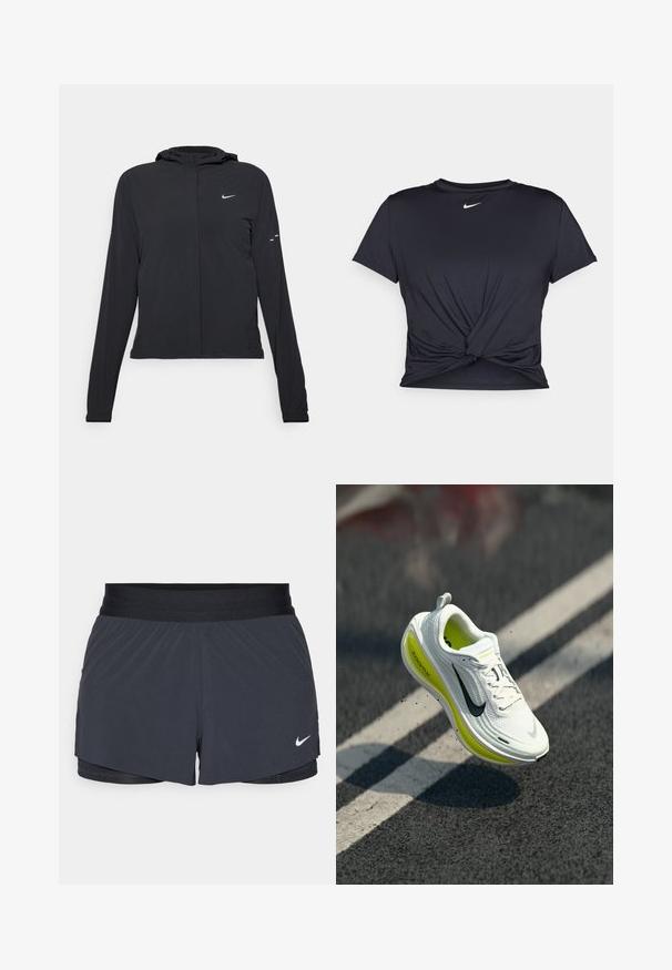 Black hooded jacket with long sleeves, made from lightweight material. Features a front zipper, a Nike logo, and subtle design accents.; Black athletic t-shirt made of smooth fabric, featuring a knotted front design and a small white Nike logo on the chest.; Black athletic shorts with an elastic waistband, featuring a layered design and a small white Nike logo on the lower left. Lightweight material.; White and yellow Nike ZoomX running shoe suspended above asphalt with a white line, casting a shadow on the ground.