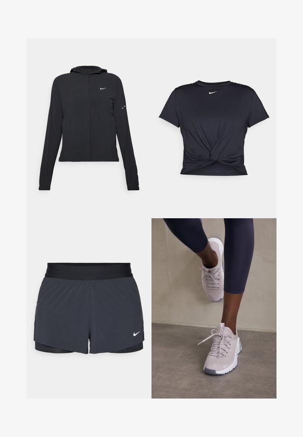 Fekete kapucnis dzseki hosszú ujjakkal, könnyű anyagból készült. Elülső cipzárral, Nike logóval és diszkrét dizájn elemekkel rendelkezik.; Fekete sportpóló sima anyagból, elöl megkötős dizájnnal, a mellkason egy kis fehér Nike logóval.; Fekete sportnadrág elasztikus derékkal, réteges kialakítással és kis fehér Nike logóval a bal alsó részen. Könnyű anyag.; Világosszürke sportcipők texturált felsőrésszel, fűzős kivitelben és fehér talppal, sötét léggingszel párosítva. Minimalista dizájn és sima kiegészítők.