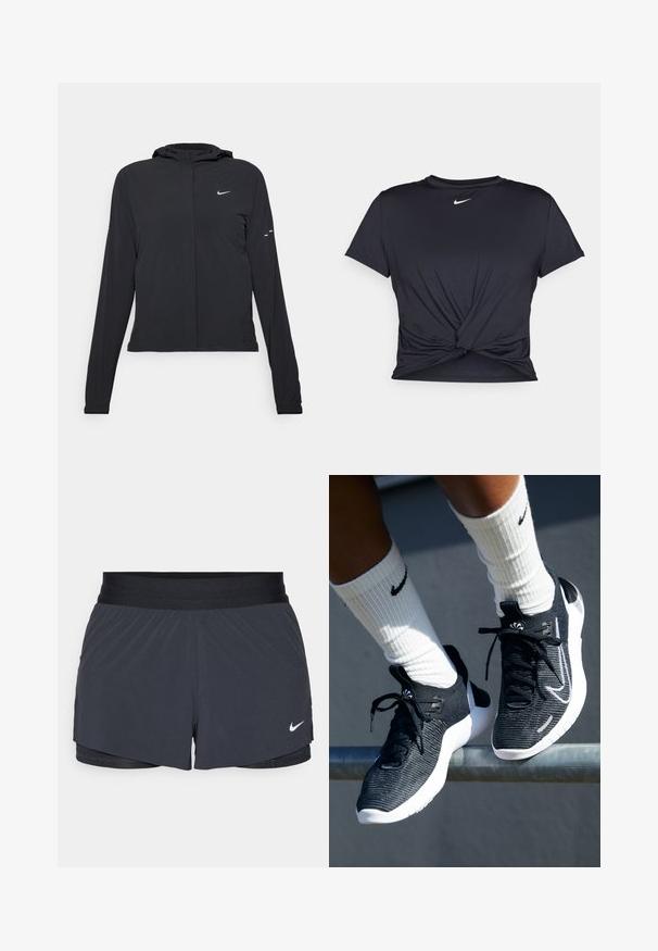 Čierna kapucňová bunda s dlhou rukávou, vyrobená z ľahkého materiálu. Má predný zips, logo Nike a jemné dizajnové akcenty.; Čierne atletické tričko vyrobené z hladkej tkaniny, so zaväzovaným predným dizajnom a malým bielym logom Nike na hrudi.; Čierne športové šortky s elastickým pásom, ktoré majú vrstvený dizajn a malú bielu aplikáciu loga Nike v dolnom ľavom rohu. Ľahký materiál.; Čierne športové topánky s textúrovaným pleteným zvrškom, bielou medzipodrážkou a čiernymi šnúrkami. Nosené s bielymi rebrovanými ponožkami s logom.
