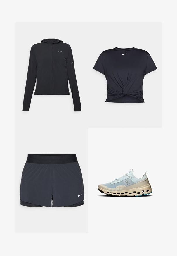 Must musta kapuutsiga jakk, millel on pikad varrukad ja mis on valmistatud kergetest materjalidest. Omab esitaskut, Nike logo ja kergelt silmatorkavaid disainiaktsente.; Mustmust musta sportlik T-särk, mis on valmistatud sujuvast kangast, millel on sõlmega esikülg ja väike valge Nike logo rinnal.; Mustad must sportlikud lühikesed püksid, millel on elastne vöökoht, kihiline disain ja väike valge Nike logo vasakul all. Kerge materjal.; Heledad sinine võrgust jooksujalats, beežide detailidega, tekstuurse viimistlusega, silmapaistvate keskosa ärakäikudega ja kontrastse musta välispõhjaga.