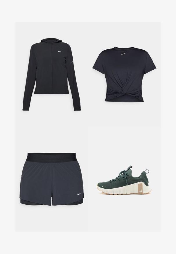 Svart huva jacka med långa ärmar, gjord av lätt material. Har en framdragare, en Nike-logotyp och subtila designelement.; Svart atletisk t-shirt i mjukt tyg, med en knuten framdesign och en liten vit Nike-logga på bröstet.; Svarta idrottsshorts med elastisk midja, med en lagerdesign och en liten vit Nike-logga på nedre vänstra sidan. Lättviktig material.; Grön sportskor med en texturerad tygöverkonstruktion, vit mellansula och tan yttersula. Har snören, dragrem och en liten logotyp på sidan.