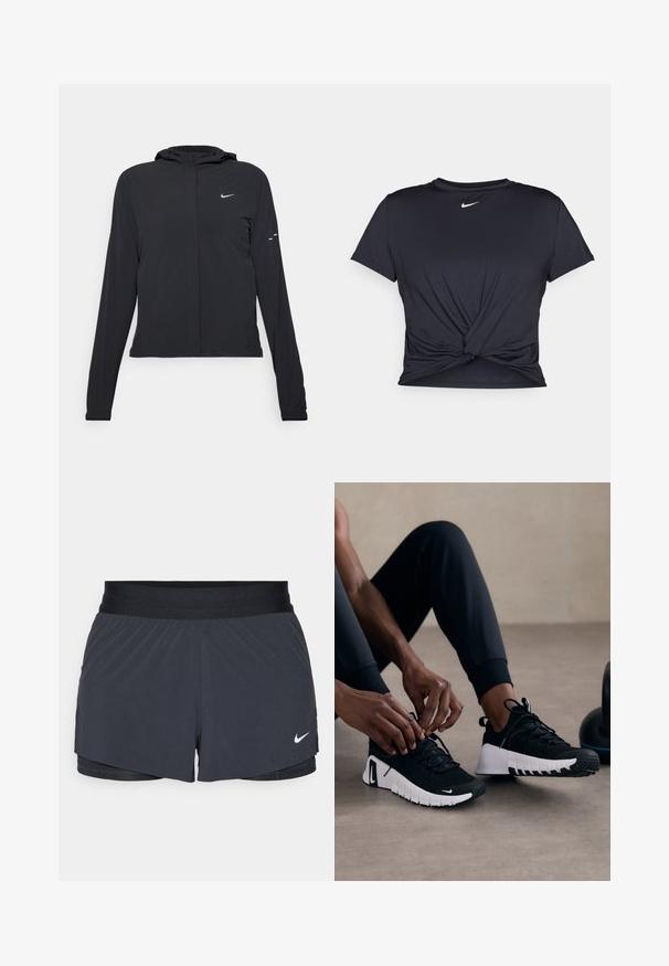 Mustassa hupparissa on pitkät hihat, ja se on valmistettu kevyestä materiaalista. Siinä on edessä vetoketju, Nike-logo ja hillityt muotoiluyksityiskohdat.; Musta urheilu T-paita, joka on valmistettu sileästä kankaasta, jossa on solmittu etuosa ja pieni valkoinen Nike-logo rinnassa.; Mustat urheilushortsit, joissa on joustava vyötärö. Shortseissa on kerroksellinen muotoilu ja pieni valkoinen Nike-logo vasemmassa alareunassa. Kevyt materiaali.; Mustat urheilukengät, joissa on tekstuurinen musta päällinen, valkoinen pohja ja kuminen pito. Narut on sidottu, mikä korostaa tyylikästä muotoilua ja logoa.
