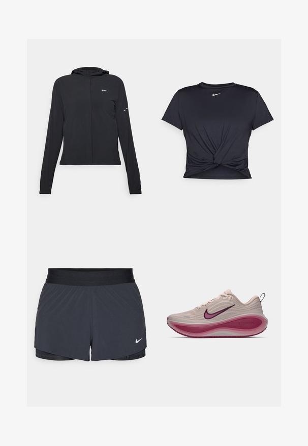 Jachetă neagră cu glugă, cu mâneci lungi, fabricată din material ușor. Dispune de un fermoar frontal, un logo Nike și accente de design subtile.; Tricou sport negru din material neted, cu un design frontal legat și un mic logo Nike alb pe piept.; Shorts atletici negri, cu un elastic la talie, având un design stratificat și un mic logo alb Nike în partea stângă jos. Material ușor.; Adidașii Nike ZoomX de alergare în bej deschis, cu un superior texturat, o talpă intermediară curbată de culoare roz și accente de culoare purpurie pe logo și talpa exterioară.