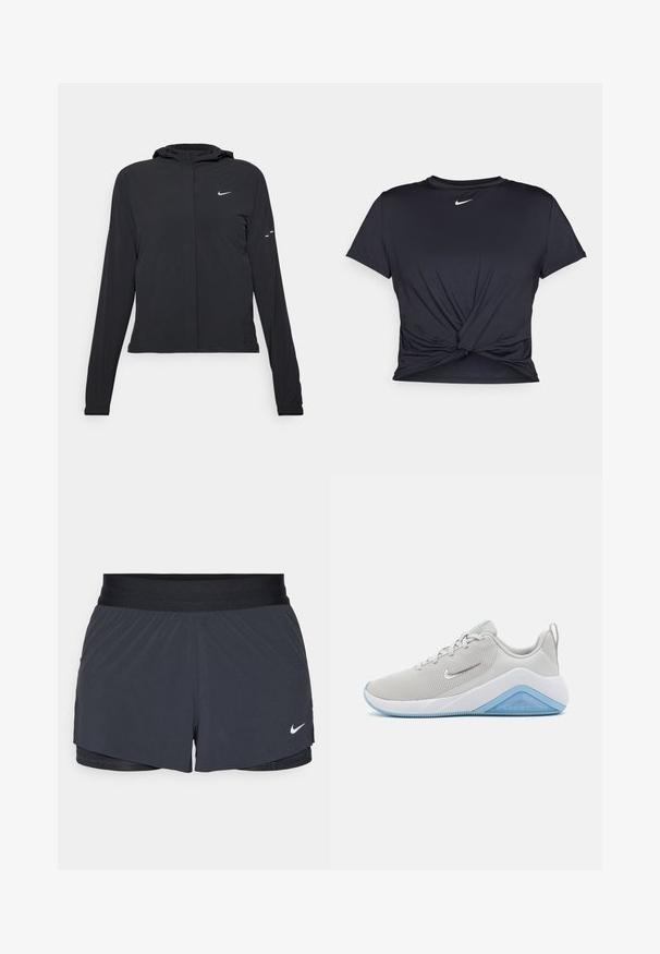 Mustassa hupparissa on pitkät hihat, ja se on valmistettu kevyestä materiaalista. Siinä on edessä vetoketju, Nike-logo ja hillityt muotoiluyksityiskohdat.; Musta urheilu T-paita, joka on valmistettu sileästä kankaasta, jossa on solmittu etuosa ja pieni valkoinen Nike-logo rinnassa.; Mustat urheilushortsit, joissa on joustava vyötärö. Shortseissa on kerroksellinen muotoilu ja pieni valkoinen Nike-logo vasemmassa alareunassa. Kevyt materiaali.; Vaaleanharmaa urheilujalkine, jossa on verkkopinta, valkoinen pohja ja sinisiä yksityiskohtia. Sen muotoilu on sulava, ja pinnassa on tekstuuria pidon parantamiseksi.