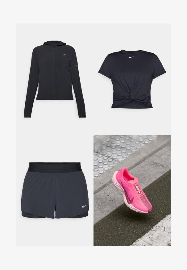 Black hooded jacket with long sleeves, made from lightweight material. Features a front zipper, a Nike logo, and subtle design accents.; Black athletic t-shirt made of smooth fabric, featuring a knotted front design and a small white Nike logo on the chest.; Black athletic shorts with an elastic waistband, featuring a layered design and a small white Nike logo on the lower left. Lightweight material.; Nike athletic shoe in vibrant pink with mesh upper, padded collar, white midsole, and contrasting darker pink toe cap and swoosh detail.