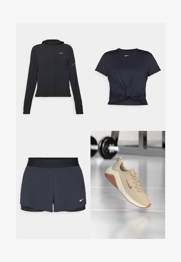 Black hooded jacket with long sleeves, made from lightweight material. Features a front zipper, a Nike logo, and subtle design accents.; Black athletic t-shirt made of smooth fabric, featuring a knotted front design and a small white Nike logo on the chest.; Black athletic shorts with an elastic waistband, featuring a layered design and a small white Nike logo on the lower left. Lightweight material.; Beige athletic shoe with a textured mesh upper, light-colored midsole, and contrasting brown outsole, featuring a subtle logo on the side.