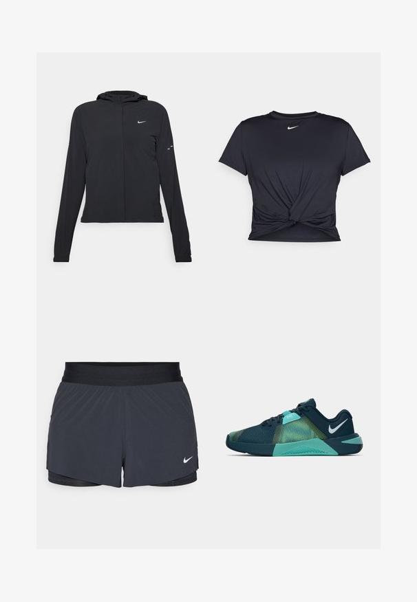 Čierna kapucňová bunda s dlhou rukávou, vyrobená z ľahkého materiálu. Má predný zips, logo Nike a jemné dizajnové akcenty.; Čierne atletické tričko vyrobené z hladkej tkaniny, so zaväzovaným predným dizajnom a malým bielym logom Nike na hrudi.; Čierne športové šortky s elastickým pásom, ktoré majú vrstvený dizajn a malú bielu aplikáciu loga Nike v dolnom ľavom rohu. Ľahký materiál.; Námornícke a akvamarínové športové topánky s textúrovaným sieťovinovým zvrškom, s viacerými zelenými prechodovými vzormi a polstrovanou podrážkou. Logo Nike swoosh na päte.