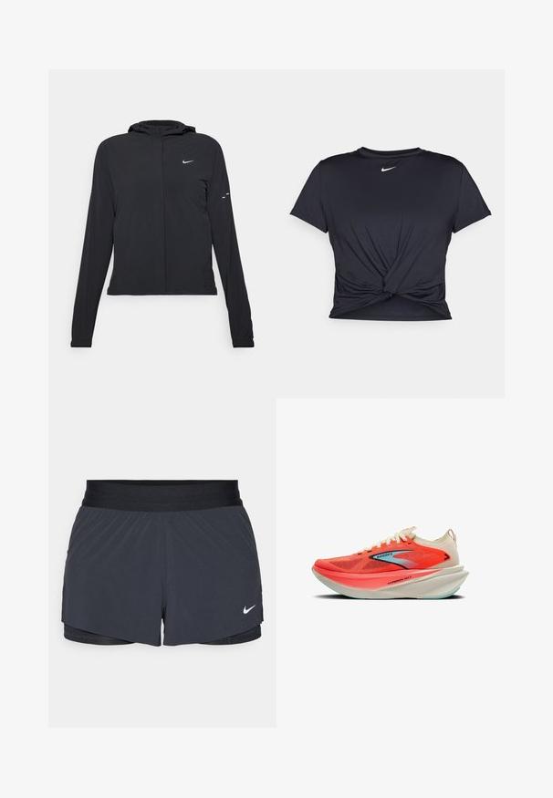 Mustassa hupparissa on pitkät hihat, ja se on valmistettu kevyestä materiaalista. Siinä on edessä vetoketju, Nike-logo ja hillityt muotoiluyksityiskohdat.; Musta urheilu T-paita, joka on valmistettu sileästä kankaasta, jossa on solmittu etuosa ja pieni valkoinen Nike-logo rinnassa.; Mustat urheilushortsit, joissa on joustava vyötärö. Shortseissa on kerroksellinen muotoilu ja pieni valkoinen Nike-logo vasemmassa alareunassa. Kevyt materiaali.; Brooks Hyperion Max juoksukengät kirkkaassa korallinvärissä ja kermassa, joissa on hengittävä verkko-osa, leveä välikerros ja vaaleansiniset pohja-akcentit.