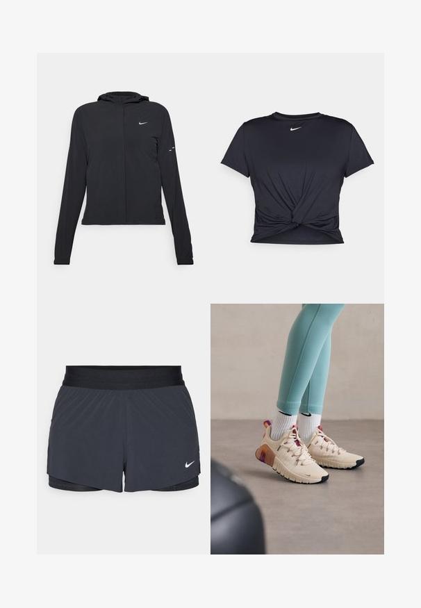 Fekete kapucnis dzseki hosszú ujjakkal, könnyű anyagból készült. Elülső cipzárral, Nike logóval és diszkrét dizájn elemekkel rendelkezik.; Fekete sportpóló sima anyagból, elöl megkötős dizájnnal, a mellkason egy kis fehér Nike logóval.; Fekete sportnadrág elasztikus derékkal, réteges kialakítással és kis fehér Nike logóval a bal alsó részen. Könnyű anyag.; Beige sportcipők texturált anyaggal, rózsaszín fűzővel és színes sarkú akcentussal. Világoskék sportnadrággal és fehér zoknival párosítva.