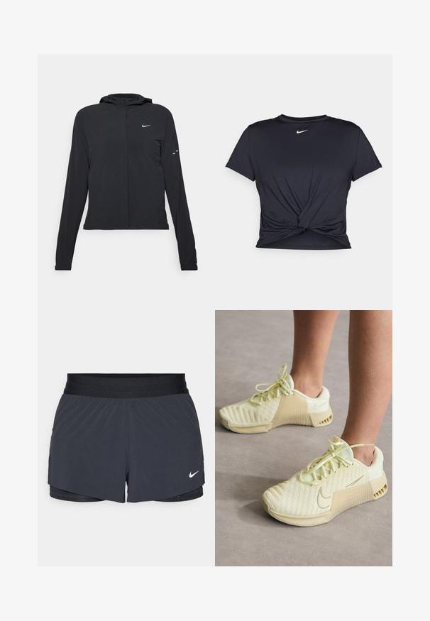 Sort hættetrøje med lange ærmer, lavet af letvægtsmateriale. Har en frontlynlås, et Nike-logo og subtile designaccenter.; Sort atletisk t-shirt lavet af glat stof, med et knyttet frontdesign og et lille hvidt Nike-logo på brystet.; Sort træningsshorts med elastisk talje, der har et lagdelt design og et lille hvidt Nike-logo nederst til venstre. Letvægtsmateriale.; Lyse gule sneakers til sport med mesh-overdel, ribbede sidedele, rund tå og flade snørebånd. Har Nike-logo på siden.
