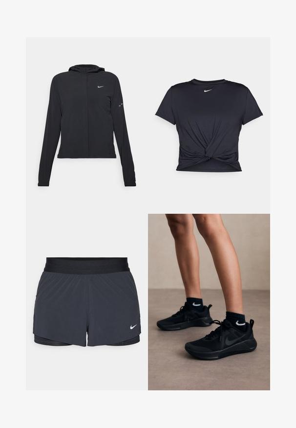 Casaco preto com capuz e mangas longas, feito de material leve. Apresenta um fecho dourado na frente, um logótipo da Nike e detalhes de design subtis.; T-shirt atlético preto feito de tecido liso, apresentando um design frontal com nó e um pequeno logótipo branco da Nike no peito.; Calças curtas de atletismo pretas com um cós elástico, apresentando um design em camadas e um pequeno logótipo da Nike em branco no canto inferior esquerdo. Material leve.; Tênis atléticos pretos com design em rede e solas de borracha, apresentando um proeminente logo Nike preto. Combinados com meias texturizadas azul-marinho.