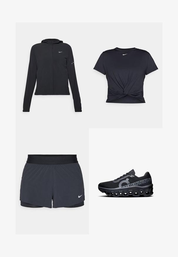 Must musta kapuutsiga jakk, millel on pikad varrukad ja mis on valmistatud kergetest materjalidest. Omab esitaskut, Nike logo ja kergelt silmatorkavaid disainiaktsente.; Mustmust musta sportlik T-särk, mis on valmistatud sujuvast kangast, millel on sõlmega esikülg ja väike valge Nike logo rinnal.; Mustad must sportlikud lühikesed püksid, millel on elastne vöökoht, kihiline disain ja väike valge Nike logo vasakul all. Kerge materjal.; Mustad must jooksujalatsid tekstuurse võrkkattega, millel on silmapaistev logo ja peegeldavad aktsendid. Paksem vahtpeti, millel on kuusnurksete lõigetega tallad.