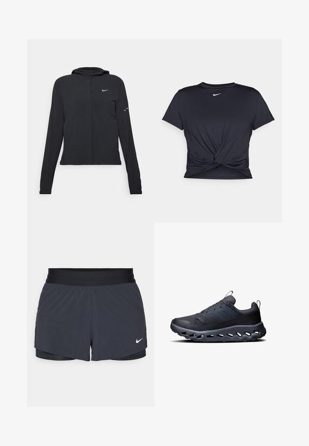 Černá kapucňová bunda s dlouhými rukávy, vyrobená z lehkého materiálu. Obsahuje přední zip, logo Nike a decentní designové akcenty.; Černé sportovní tričko vyrobené z hladkého materiálu, s uzlovým designem vpředu a malým bílým logem Nike na hrudi.; Černé sportovní kraťasy s elastickým pasem, které mají vrstvený design a malé bílé logo Nike na dolním levém rohu. Lehce materiál.; Černé sportovní boty s texturovanou síťovinou, vyvýšenými akcenty a silnou polstrovanou podrážkou s otvory pro flexibilitu a ventilaci.