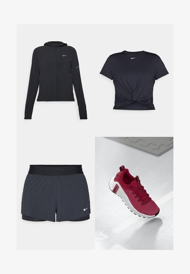 Svart hettegenser med lange ermer, laget av lett materiale. Har glidelås foran, Nike-logo og subtile design detaljer.; Svart trenings T-skjorte laget av glatt stoff, med en knyttet frontdesign og en liten hvit Nike-logo på brystet.; Sorte treningshorts med elastisk midjebånd, med lagdelt design og liten hvit Nike-logo på nederste venstre side. Lett materiale.; Rød sportsko med en teksturert overdel, snørelukking og en tykk hvit såle. Har en kontrasterende svart tåhette og en logo på siden.