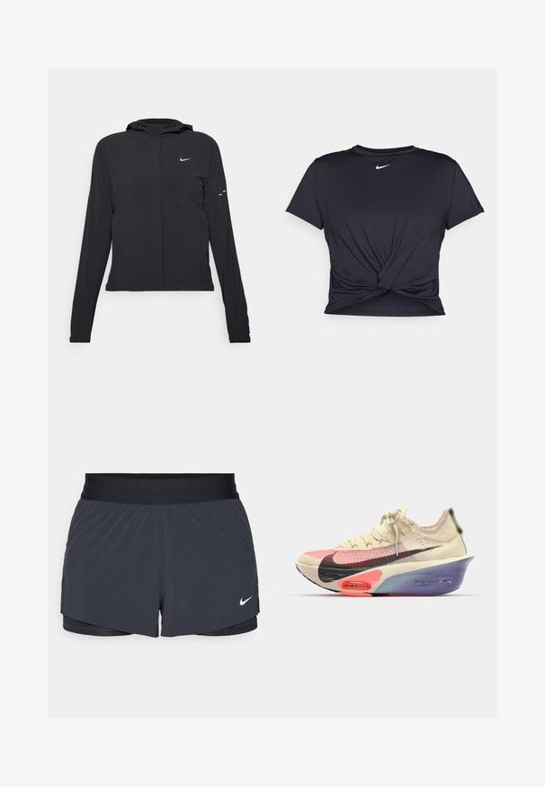 Must musta kapuutsiga jakk, millel on pikad varrukad ja mis on valmistatud kergetest materjalidest. Omab esitaskut, Nike logo ja kergelt silmatorkavaid disainiaktsente.; Mustmust musta sportlik T-särk, mis on valmistatud sujuvast kangast, millel on sõlmega esikülg ja väike valge Nike logo rinnal.; Mustad must sportlikud lühikesed püksid, millel on elastne vöökoht, kihiline disain ja väike valge Nike logo vasakul all. Kerge materjal.; Nike jooksutoss, millel on koorevalge ja roosa hingav pealis, must swoosh, elavad roosa ja lillatoonid ning elegantne ja voolujooneline siluett.
