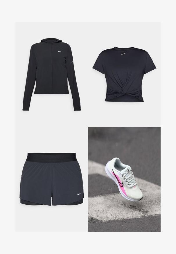 Svart hettegenser med lange ermer, laget av lett materiale. Har glidelås foran, Nike-logo og subtile design detaljer.; Svart trenings T-skjorte laget av glatt stoff, med en knyttet frontdesign og en liten hvit Nike-logo på brystet.; Sorte treningshorts med elastisk midjebånd, med lagdelt design og liten hvit Nike-logo på nederste venstre side. Lett materiale.; Lettvekt løpesko i hvit mesh med rosa og svarte detaljer, hevet hæl og teksturert såle, plassert i luften over asfalten.