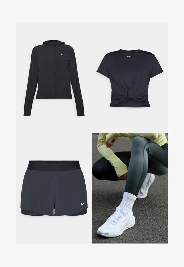 Zwarte kaptrui met lange mouwen, gemaakt van lichtgewicht materiaal. Voorzien van een ritssluiting aan de voorkant, een Nike-logo en subtiele ontwerpelementen.; Zwarte sportieve T-shirt van gladde stof, met een geknoopt ontwerp aan de voorkant en een klein wit Nike-logo op de borst.; Zwarte sportshorts met een elastische tailleband, met een gelaagd ontwerp en een klein wit Nike-logo aan de onderkant links. Lichtgewicht materiaal.; Witte sportieve schoenen met een bovenwerk van mesh, platte veters en een gevoerde zool, gecombineerd met donkergroene leggings en een lichtgele lange mouw top.