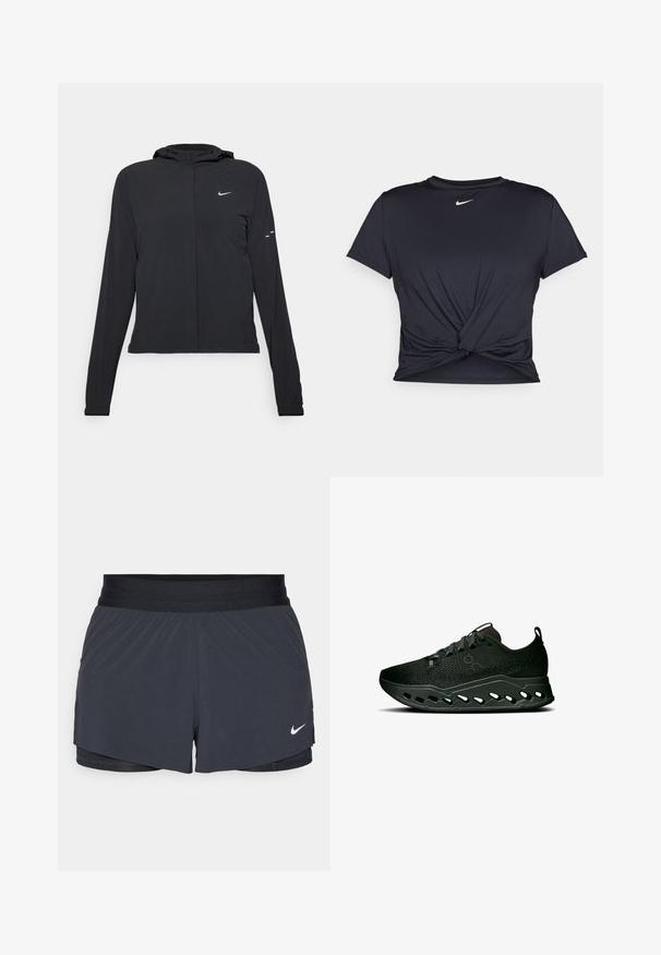 Giacca nera con cappuccio e maniche lunghe, realizzata in materiale leggero. Presenta una zip frontale, il logo Nike e accenti di design sottili.; Maglietta atletica nera realizzata in tessuto liscio, con un design anteriore annodato e un piccolo logo Nike bianco sul petto.; Pantaloni sportivi neri con vita elastica, caratterizzati da un design a strati e un piccolo logo Nike bianco in basso a sinistra. Materiale leggero.; On CLOUDSURFER MAX - Scarpe da corsa su strada - black eclipse