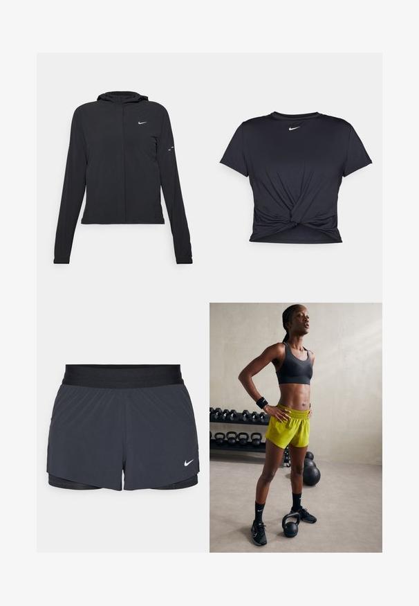 Juodas gobtuvas striukė su ilgomis rankovėmis, pagaminta iš lengvo audinio. Pasižymi priekiniais užtrauktukais, Nike logotipu ir subtiliais dizaino akcentais.; Juodas sportinis marškinėlis, pagamintas iš lygios medžiagos, su surišta priekiu ir mažu baltu Nike logotipu ant krūtinės.; Juodos sportinės šortai su elastine talija, turintys sluoksniuotą dizainą ir mažą baltą Nike logotipą kairiajame apačioje. Lengvas audinys.; Juodas sportinis liemenukas, ryškiai geltonos šortai su elastine juosta, juodi sportiniai batai ir riešo juostos, stovintys šalia kettlebell'ų.