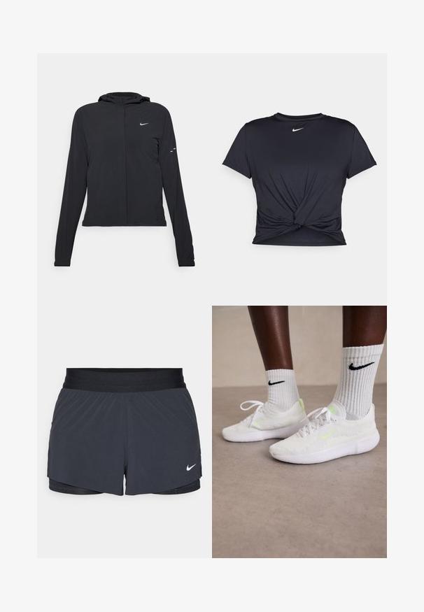 Jachetă neagră cu glugă, cu mâneci lungi, fabricată din material ușor. Dispune de un fermoar frontal, un logo Nike și accente de design subtile.; Tricou sport negru din material neted, cu un design frontal legat și un mic logo Nike alb pe piept.; Shorts atletici negri, cu un elastic la talie, având un design stratificat și un mic logo alb Nike în partea stângă jos. Material ușor.; Adidași albi Nike cu un superior din plasă texturată și accente neon verzi, asortați cu șosete albe cu nervuri care au un logo negru.
