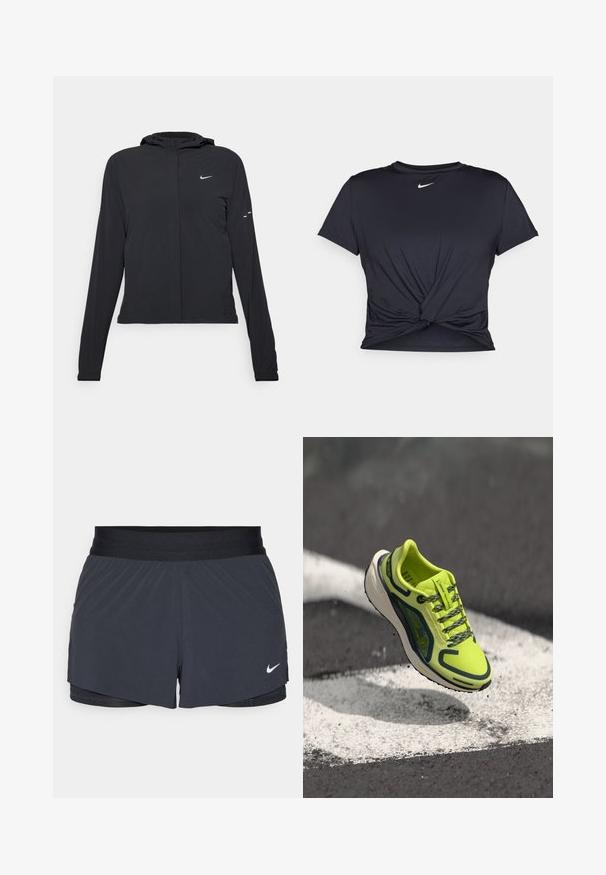 Black hooded jacket with long sleeves, made from lightweight material. Features a front zipper, a Nike logo, and subtle design accents.; Black athletic t-shirt made of smooth fabric, featuring a knotted front design and a small white Nike logo on the chest.; Black athletic shorts with an elastic waistband, featuring a layered design and a small white Nike logo on the lower left. Lightweight material.; Neon yellow running shoe with a breathable mesh upper, contrasting dark accents, textured laces, and a cushioned white midsole.