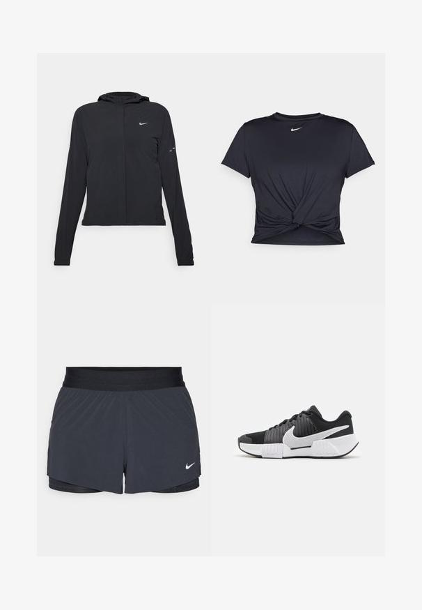Jachetă neagră cu glugă, cu mâneci lungi, fabricată din material ușor. Dispune de un fermoar frontal, un logo Nike și accente de design subtile.; Tricou sport negru din material neted, cu un design frontal legat și un mic logo Nike alb pe piept.; Shorts atletici negri, cu un elastic la talie, având un design stratificat și un mic logo alb Nike în partea stângă jos. Material ușor.; Adidași negri și albi, cu un superior texturat, logo-ul Nike proeminent și un design al tălpii în contrast pentru o aderență și stabilitate îmbunătățite.