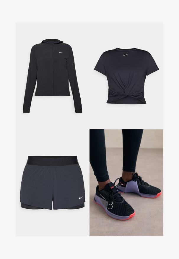 Melnā kapuci jaka ar garām piedurknēm, izgatavota no viegla materiāla. Tam ir priekšējais rāvējslēdzis, Nike logo un smalki dizaina akcenti.; Melna sporta t-kreklu ar gludu audumu, ar mezglošanas priekšpusi un mazu baltu Nike logotipu uz krūšu daļas.; Melnas sporta šortus ar elastīgu jostu, ar slāņotu dizainu un mazu balto Nike logo apakšējā kreisajā stūrī. Viegls materiāls.; Nike Performance METCON 9 - Treniņkurpes - black/metallic silver/lilac bloom/barely grape/daybreak/bright crimson