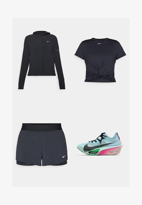 Giacca nera con cappuccio e maniche lunghe, realizzata in materiale leggero. Presenta una zip frontale, il logo Nike e accenti di design sottili.; Maglietta atletica nera realizzata in tessuto liscio, con un design anteriore annodato e un piccolo logo Nike bianco sul petto.; Pantaloni sportivi neri con vita elastica, caratterizzati da un design a strati e un piccolo logo Nike bianco in basso a sinistra. Materiale leggero.; Scarpa da corsa Nike con tomaia in maglia azzurro chiaro, dettagli neri, intersuola verde AIR ZOOM e suola con gradiente rosa e bianco.