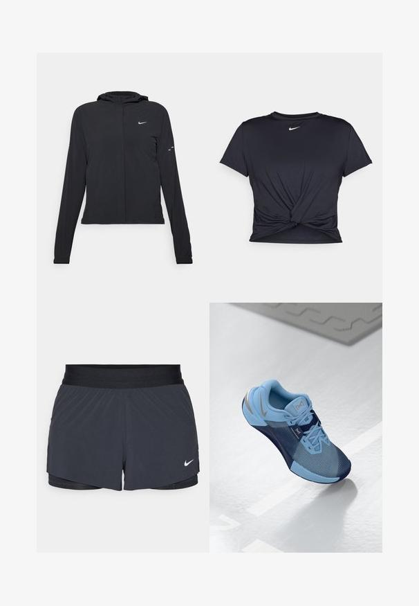 Jachetă neagră cu glugă, cu mâneci lungi, fabricată din material ușor. Dispune de un fermoar frontal, un logo Nike și accente de design subtile.; Tricou sport negru din material neted, cu un design frontal legat și un mic logo Nike alb pe piept.; Shorts atletici negri, cu un elastic la talie, având un design stratificat și un mic logo alb Nike în partea stângă jos. Material ușor.; Pantofle atletice de culoare albastru deschis cu accente bleumarin, superior texturat din plasă, vârf întărit, șireturi plate și un logo argintiu pe lateral.