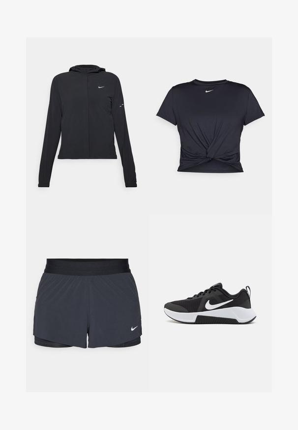 Svart hettegenser med lange ermer, laget av lett materiale. Har glidelås foran, Nike-logo og subtile design detaljer.; Svart trenings T-skjorte laget av glatt stoff, med en knyttet frontdesign og en liten hvit Nike-logo på brystet.; Sorte treningshorts med elastisk midjebånd, med lagdelt design og liten hvit Nike-logo på nederste venstre side. Lett materiale.; Svart trening sko med mesh-overdel, hvite detaljer, polstret såle og teksturert mønster for grep. Snøring og hæltab medfølger.