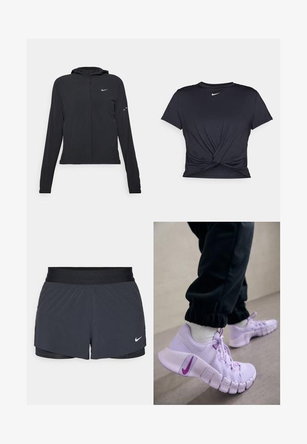 Schwarze Kapuzenjacke mit langen Ärmeln, aus leichtem Material gefertigt. Sie hat einen vorderen Reißverschluss, ein Nike-Logo und dezente Designelemente.; Schwarzes Sport-T-Shirt aus glattem Stoff, mit einem geknoteten Vorderdesign und einem kleinen weißen Nike-Logo auf der Brust.; Schwarze Sportshorts mit elastischem Bund, ausgestattet mit einem geschichteten Design und einem kleinen weißen Nike-Logo unten links. Leichtes Material.; Nike Performance Trainingsschuh - lilac bloom/vivid purple/barely grape