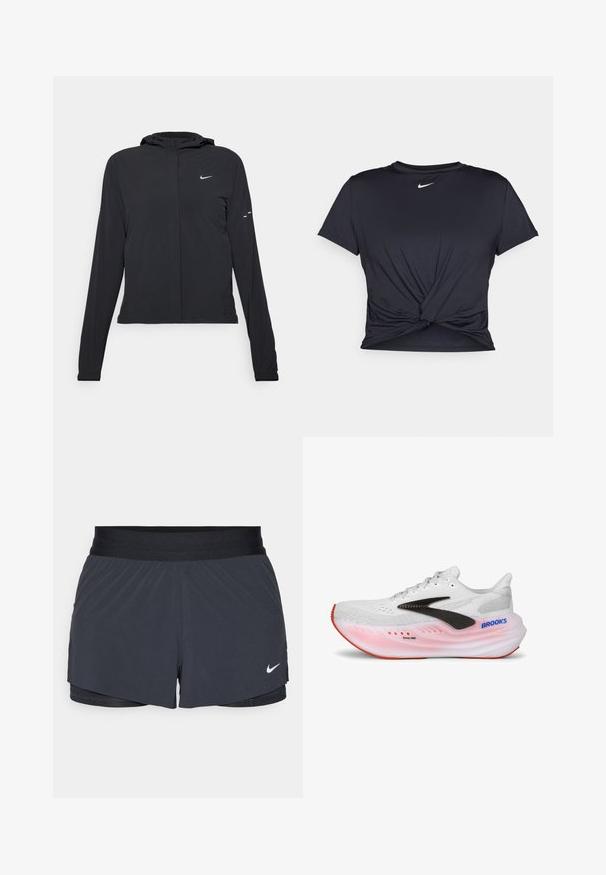 Must musta kapuutsiga jakk, millel on pikad varrukad ja mis on valmistatud kergetest materjalidest. Omab esitaskut, Nike logo ja kergelt silmatorkavaid disainiaktsente.; Mustmust musta sportlik T-särk, mis on valmistatud sujuvast kangast, millel on sõlmega esikülg ja väike valge Nike logo rinnal.; Mustad must sportlikud lühikesed püksid, millel on elastne vöökoht, kihiline disain ja väike valge Nike logo vasakul all. Kerge materjal.; Jooksujalats, millel on valge võrkpealne, mustad külgaktsendid, roosa ja valge tallaosa ning punane tallatehnika. Omab pehmendatud krae ja keerukaid tekstuure.