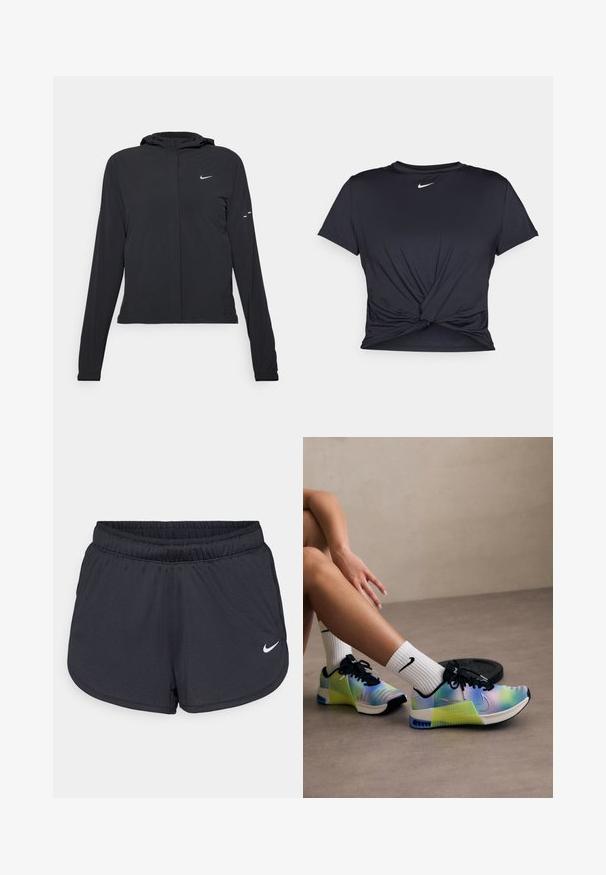 Crna jakna s kapuljačom i dugim rukavima, izrađena od laganog materijala. Ima prednji patentni zatvarač, Nike logo i suptilne dizajnerske detalje.; Crni trenirac s kratkim rukavima izrađen od glatkog materijala, s čvorastim dizajnom sprijeda i malim bijelim Nike logotipom na prsima.; Crne atletske kratke hlače napravljene od laganog, prozračnog materijala. Imaju elastičnu traku u struku i bijeli Nike logo na donjoj desnoj strani.; Višenamjenske atletske cipele u više boja s gradijent dizajnom koji prelazi iz plave u zelenu, opremljene crnim vezicama i istaknutim Nike swoosh-om.