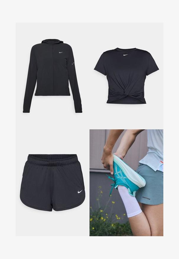 Must musta kapuutsiga jakk, millel on pikad varrukad ja mis on valmistatud kergetest materjalidest. Omab esitaskut, Nike logo ja kergelt silmatorkavaid disainiaktsente.; Mustmust musta sportlik T-särk, mis on valmistatud sujuvast kangast, millel on sõlmega esikülg ja väike valge Nike logo rinnal.; Mustad mustikud mustad lühikesed püksid, mis on valmistatud kerge ja hingava kangaga. Omab elastset vööd ja valget Nike logo alumises paremas nurgas.; Türkiissinine sportlik jalats, millel on tekstureeritud pind, valged paelad ja tallaosa. Inimene venitab jalga, kandes valget sokki ja halli sportlikku lühikeste pükse.
