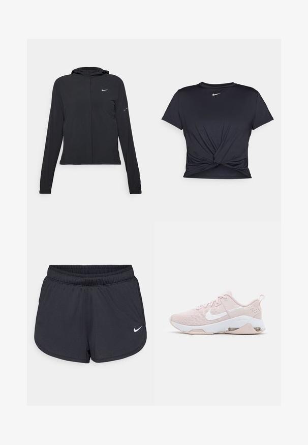 Sort hættetrøje med lange ærmer, lavet af letvægtsmateriale. Har en frontlynlås, et Nike-logo og subtile designaccenter.; Sort atletisk t-shirt lavet af glat stof, med et knyttet frontdesign og et lille hvidt Nike-logo på brystet.; Sorte atletiske shorts lavet af letvægts, åndbart stof. Har en elastisk talje og hvidt Nike-logo på nederste højre side.; Lyst rosa athletic sko med mesh-overdel, hvide accenter, en polstret sål og synlig air-enhed detalje ved hælen.