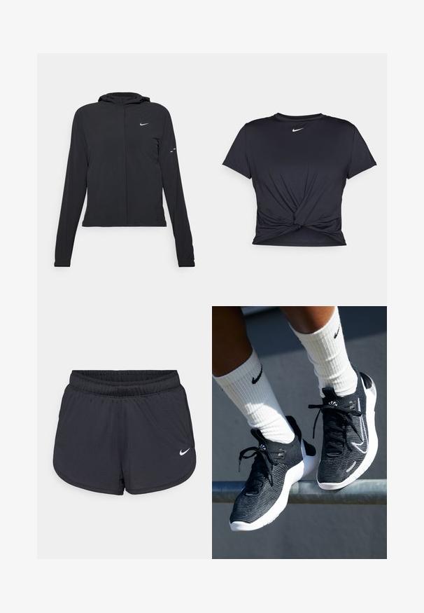 Črna kapuča s dolgimi rokavi, izdelana iz lahkega materiala. Ima sprednji zadrgo, logotip Nike in subtilne oblikovne detajle.; Črna atletska majica iz gladkega materiala, z vozlanim sprednjim delom in majhnim belim logotipom Nike na prsih.; Črne atletske kratke hlače z elastičnim pasom, športnega dizajna z belim Nike logotipom na spodnjem delu spredaj. Tkanina z teksturo.; Črne športne čevlje z teksturiranim pletenim zgornjim delom, belim srednjim podplatom in črnimi vezalkami. Nosi se z belimi rebrastimi nogavicami z logotipom.