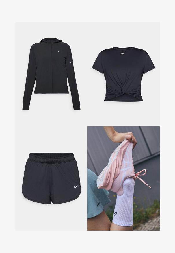 Casaco preto com capuz e mangas longas, feito de material leve. Apresenta um fecho dourado na frente, um logótipo da Nike e detalhes de design subtis.; T-shirt atlético preto feito de tecido liso, apresentando um design frontal com nó e um pequeno logótipo branco da Nike no peito.; Calções atléticos pretos com cintura elástica, apresentando um design desportivo e um logótipo Nike branco na parte inferior da frente. Tecido texturizado.; Sapatilha atlética rosa claro com sobreposições de malha e sólidas, sola elevada e detalhes brancos, acompanhada de uma meia branca com nervuras e logótipo.