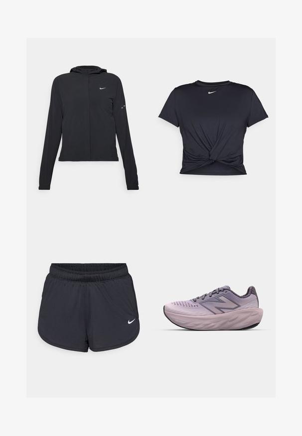 Svart hettegenser med lange ermer, laget av lett materiale. Har glidelås foran, Nike-logo og subtile design detaljer.; Svart trenings T-skjorte laget av glatt stoff, med en knyttet frontdesign og en liten hvit Nike-logo på brystet.; Sorte atletiske shorts med elastisk midjebånd, med et sporty design og en hvit Nike-logo på nedre front. Teksturert stoff.; Lilla løpetype med et pustende tekstiloverdel, polstret krave, tykk dempemidsole og en teksturert gummiyttersåle.