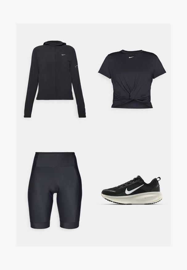 Casaco preto com capuz e mangas longas, feito de material leve. Apresenta um fecho dourado na frente, um logótipo da Nike e detalhes de design subtis.; T-shirt atlético preto feito de tecido liso, apresentando um design frontal com nó e um pequeno logótipo branco da Nike no peito.; Calções de ciclismo pretos feitos de um tecido liso e elástico. Design de cintura alta com um inserto almofadado e detalhes nas costuras.; Sapatilha de corrida Nike preta com parte superior de malha respirável, logotipo Swoosh branco, detalhes texturizados e uma entressola ZoomX na cor creme.