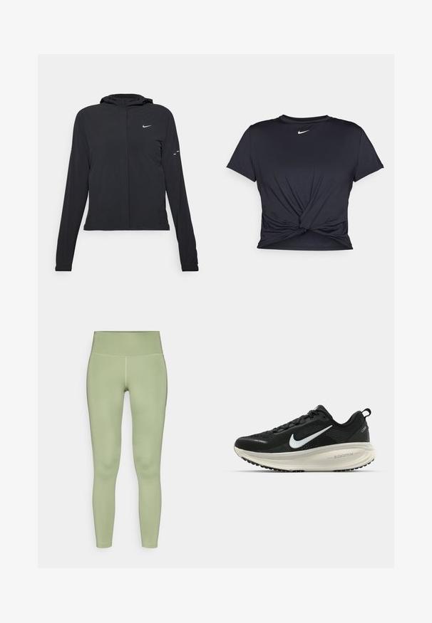 Juodas gobtuvas striukė su ilgomis rankovėmis, pagaminta iš lengvo audinio. Pasižymi priekiniais užtrauktukais, Nike logotipu ir subtiliais dizaino akcentais.; Juodas sportinis marškinėlis, pagamintas iš lygios medžiagos, su surišta priekiu ir mažu baltu Nike logotipu ant krūtinės.; Prigludę leggingai iš švelnios, šviesiai žalios medžiagos su aukštu juosmeniu, lygiu paviršiumi ir plokščiomis siūlėmis.; Juodas Nike sportinis batelis su kvėpuojančiu tinklu, baltu swoosh logotipu, tekstūruoto dizaino detalėmis ir grietinėlės spalvos ZoomX viduriu.