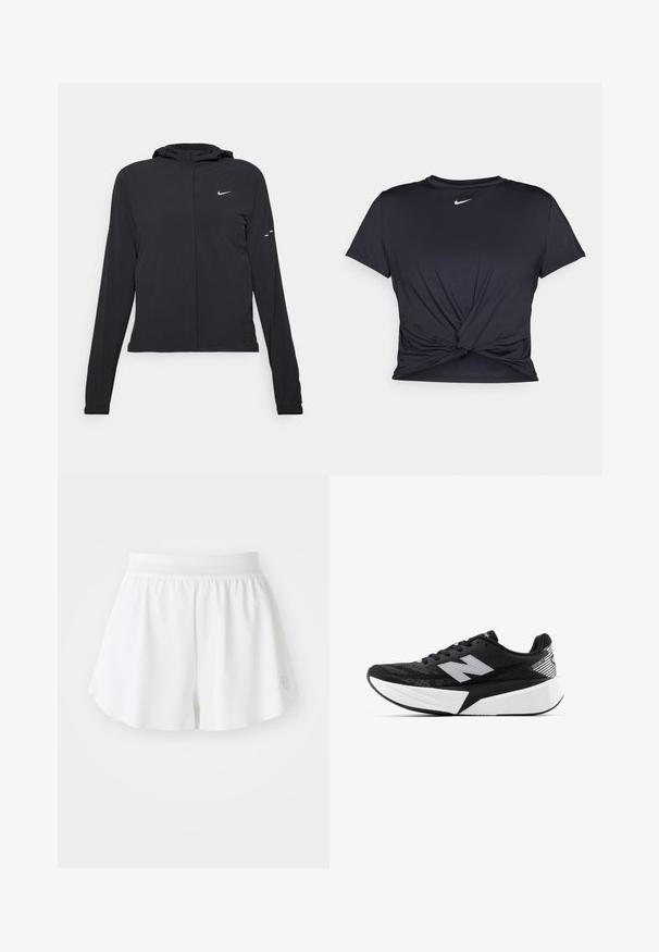 Crna jakna s kapuljačom i dugim rukavima, izrađena od laganog materijala. Ima prednji patentni zatvarač, Nike logo i suptilne dizajnerske detalje.; Crni trenirac s kratkim rukavima izrađen od glatkog materijala, s čvorastim dizajnom sprijeda i malim bijelim Nike logotipom na prsima.; Bijele atletske kratke hlače s glatkom teksturom, elastičnim pojasom i širim dizajnom. Imaju mali logo na donjoj desnoj strani.; Crno-bijela New Balance trkačka cipela s debelim potplatom, mrežastim gornjim dijelom i "N" logotipom sa strane, prikazana s vanjske strane.
