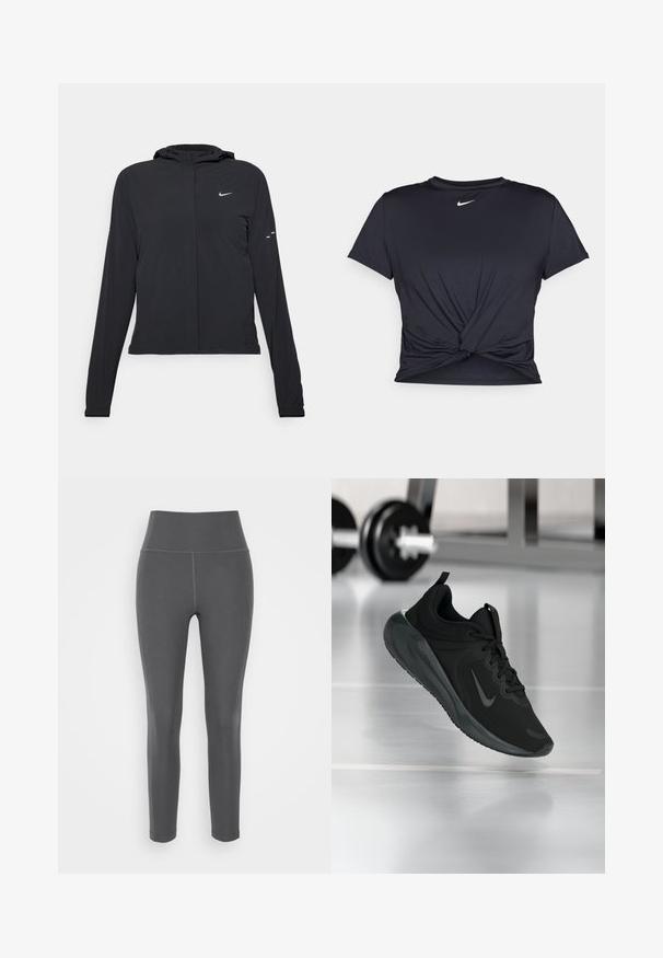 Chaqueta negra con capucha y mangas largas, hecha de un material ligero. Presenta un cierre frontal, un logo de Nike y acentos de diseño sutiles.; Camiseta atlética negra hecha de tela suave, con un diseño de nudo en la parte delantera y un pequeño logo blanco de Nike en el pecho.; Leggings gris de cintura alta fabricados con una tela elástica y suave, con costuras planas y un diseño ajustado, adecuados para uso activo o casual.; Zapatilla deportiva negra con el logo de Nike, mostrada en el aire sobre el suelo del gimnasio, con un soporte de mancuernas desenfocado en el fondo.
