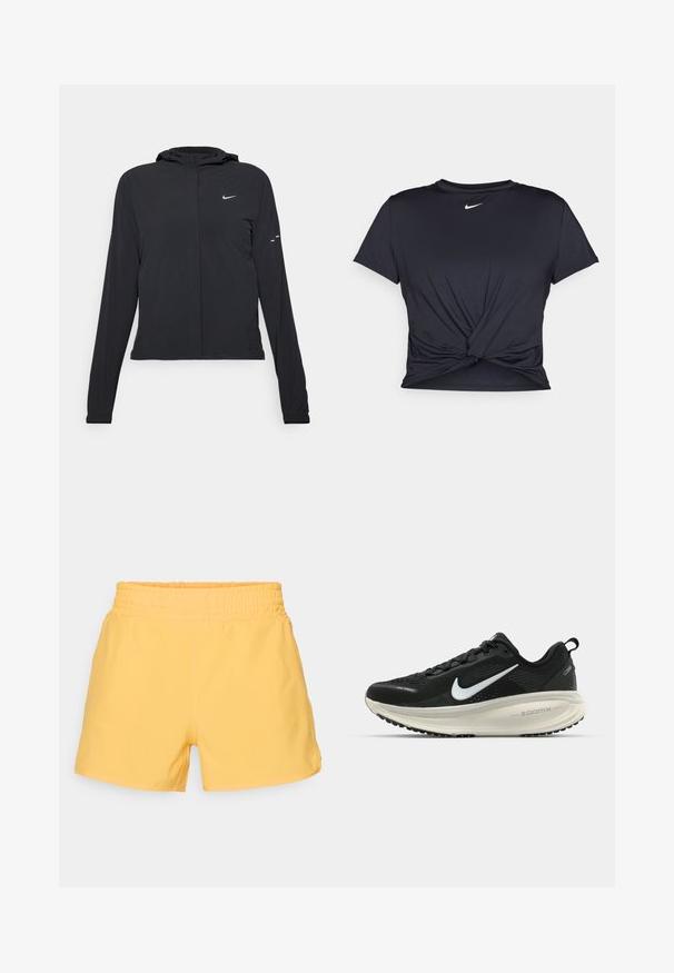 Jachetă neagră cu glugă, cu mâneci lungi, fabricată din material ușor. Dispune de un fermoar frontal, un logo Nike și accente de design subtile.; Tricou sport negru din material neted, cu un design frontal legat și un mic logo Nike alb pe piept.; Shorts galbeni cu talie elastică, având o textură netedă, caracterizându-se printr-un croi lejer și un design minimalist. Nu există buzunare sau embellishments vizibile.; Pantofii de alergare negri de la Nike, cu parte superioară din plasă respirabilă, logo-ul alb Swoosh, detalii texturate și o talpă intermediară ZoomX de culoare crem.