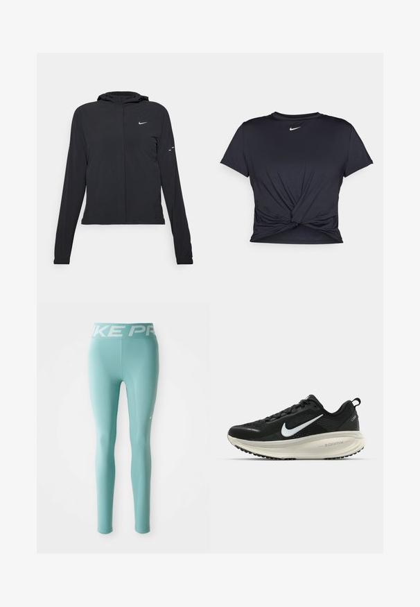 Fekete kapucnis dzseki hosszú ujjakkal, könnyű anyagból készült. Elülső cipzárral, Nike logóval és diszkrét dizájn elemekkel rendelkezik.; Fekete sportpóló sima anyagból, elöl megkötős dizájnnal, a mellkason egy kis fehér Nike logóval.; Világoskék, teljes hosszúságú sportleggings, fehér Nike Pro márkázott derékkal és egy kis fehér Nike pipa logóval a jobb combon.; Fekete Nike futócipő légáteresztő hálós felsőrésszel, fehér Swoosh logóval, textúrázott részletekkel és krém színű ZoomX középtalppal.