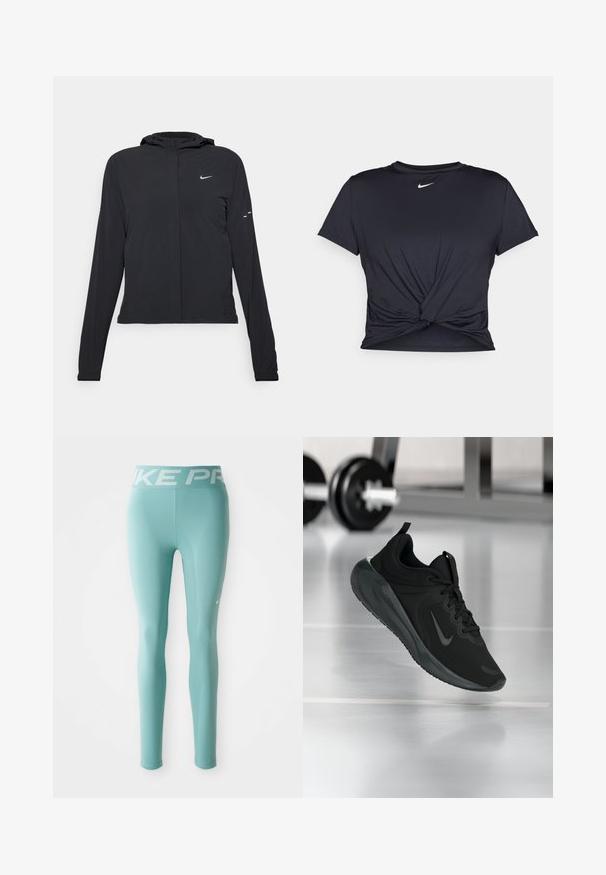 Black hooded jacket with long sleeves, made from lightweight material. Features a front zipper, a Nike logo, and subtle design accents.; Black athletic t-shirt made of smooth fabric, featuring a knotted front design and a small white Nike logo on the chest.; Light blue full-length athletic leggings with a white Nike Pro branded waistband and a small white Nike swoosh on the right thigh.; Black sports sneaker with Nike logo, shown mid-air on gym floor, with blurred dumbbell rack in background.